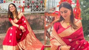 Shradha Arya in red Banarasi Saree