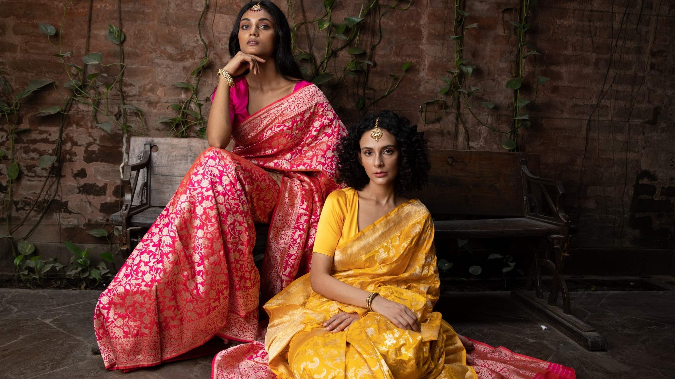 Golden Beige Shikargah Banarasi Silk Saree with Forest Scene Pallu & Red Zari Brocade